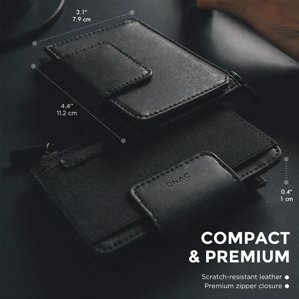 DNAC Bifold Wallet with Zipper Pocket and Elastic Card Slot - Black