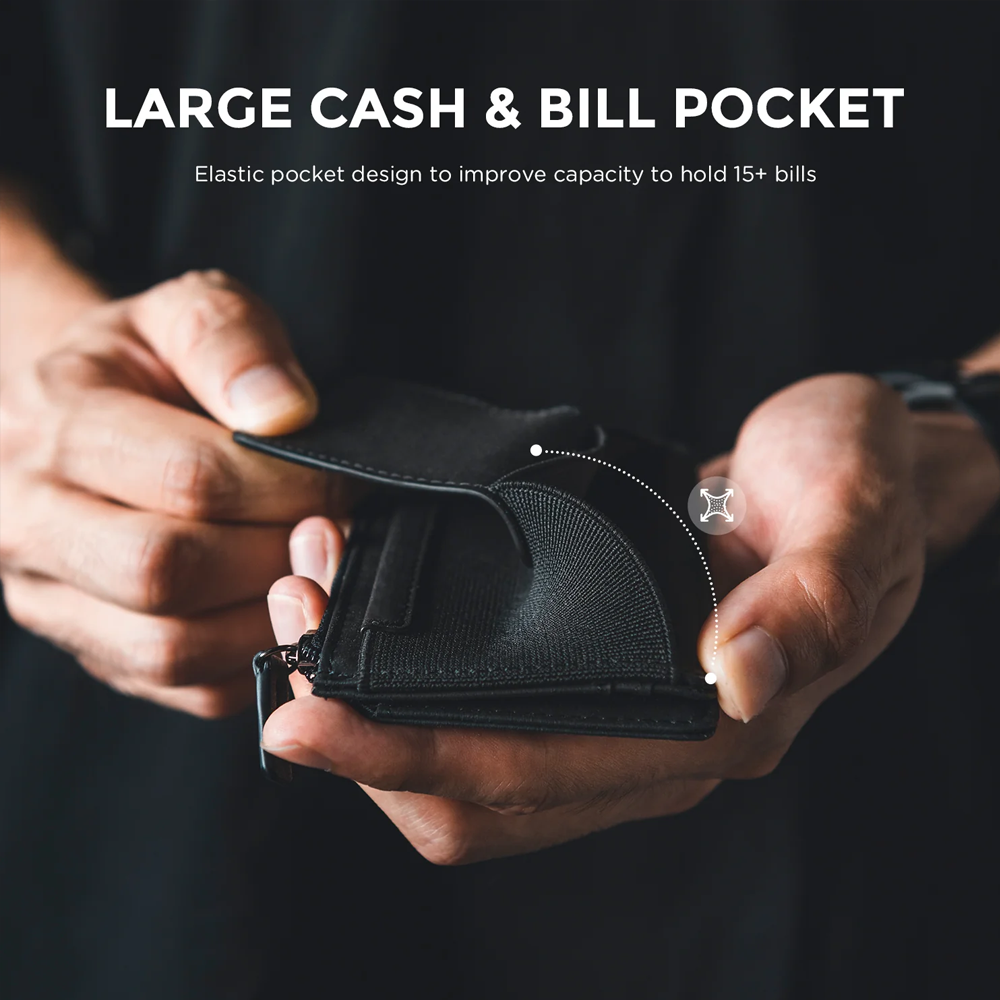 DNAC Bifold Wallet with Zipper Pocket and Elastic Card Slot - Carbon Black