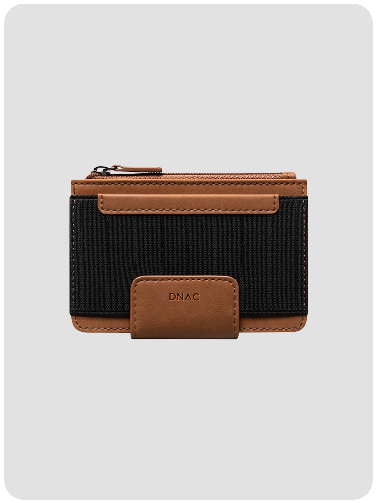 DNAC Bifold Wallet with Zipper Pocket and Elastic Card Slot - Brown